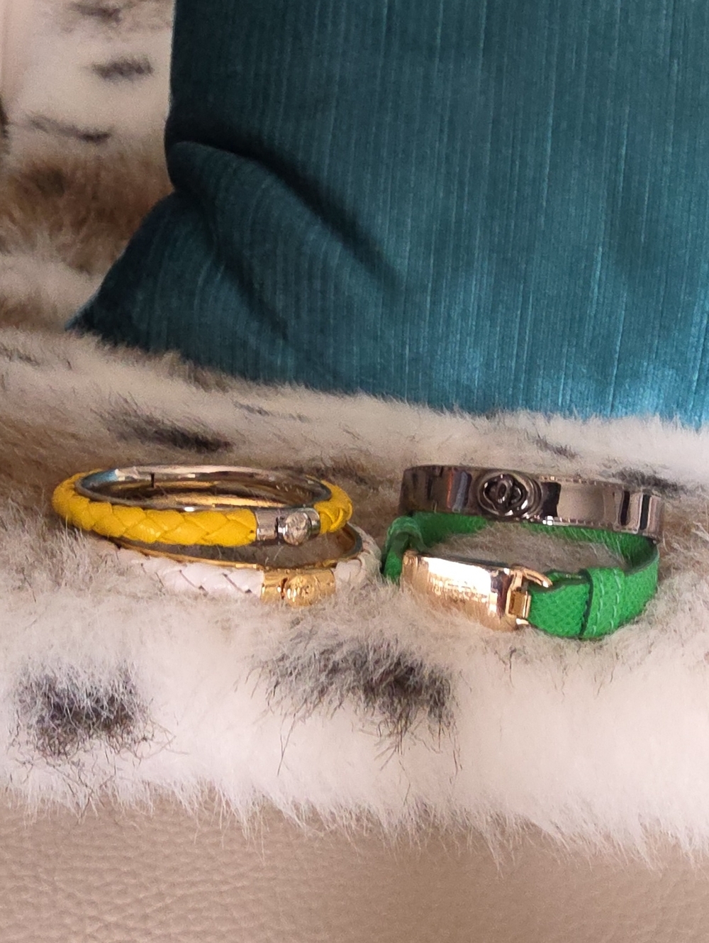 Stackable Yellow, White & Green And Metal Bracelets